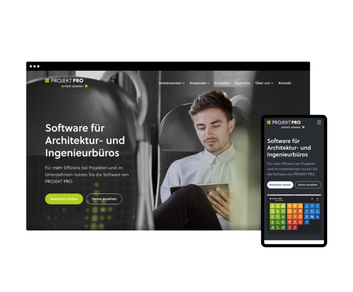 Desktop- und mobile Anzeige der Startseite von Projekt PRO im neuen Design